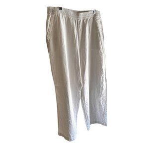 White Linen-Blend Relaxed Fit Elastic Waist Pants With Back Pocket Detail
